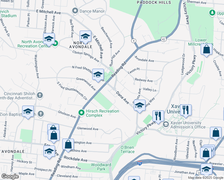 map of restaurants, bars, coffee shops, grocery stores, and more near 927 Dana Avenue in Cincinnati