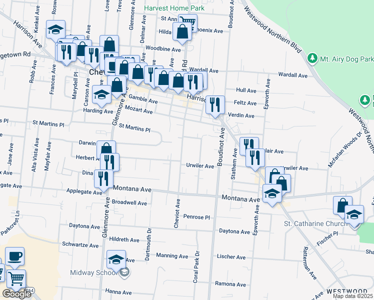 map of restaurants, bars, coffee shops, grocery stores, and more near 3472 Cheviot Avenue in Cincinnati