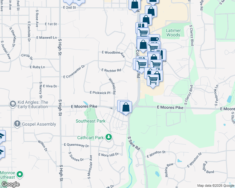 map of restaurants, bars, coffee shops, grocery stores, and more near 1419 Winfield Road in Bloomington