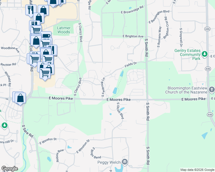 map of restaurants, bars, coffee shops, grocery stores, and more near 1337 South Fenbrook Lane in Bloomington