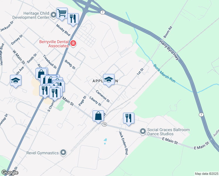 map of restaurants, bars, coffee shops, grocery stores, and more near 1400 Springsbury Road in Berryville