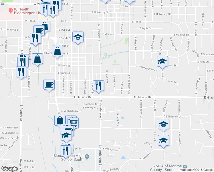 map of restaurants, bars, coffee shops, grocery stores, and more near 698 East Brenda Lane in Bloomington
