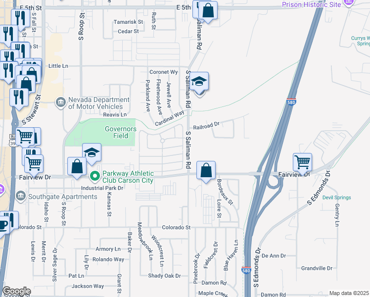 map of restaurants, bars, coffee shops, grocery stores, and more near 1332 Partridge Drive in Carson City
