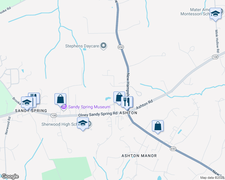 map of restaurants, bars, coffee shops, grocery stores, and more near 308 Lethbridge Court in Ashton-Sandy Spring