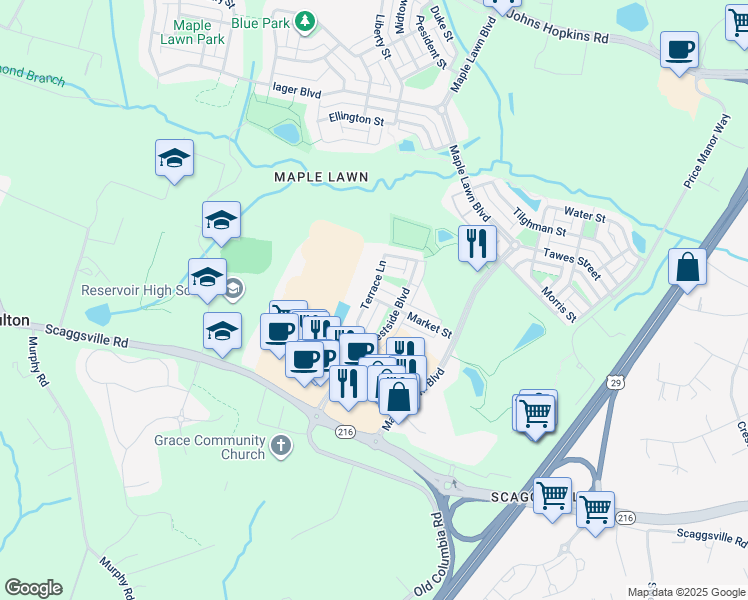 map of restaurants, bars, coffee shops, grocery stores, and more near 11271 Terrace Lane in Fulton