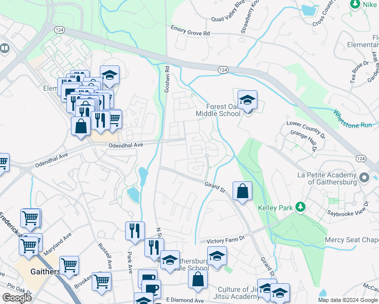 map of restaurants, bars, coffee shops, grocery stores, and more near 525 Cedar Spring Street in Gaithersburg