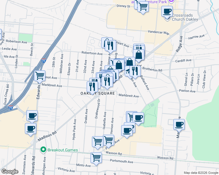 map of restaurants, bars, coffee shops, grocery stores, and more near 3058 Markbreit Avenue in Cincinnati