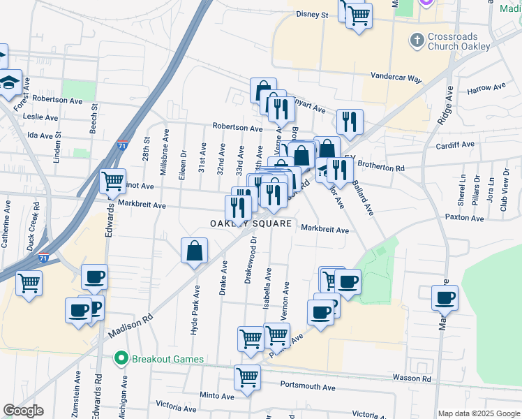 map of restaurants, bars, coffee shops, grocery stores, and more near in Cincinnati
