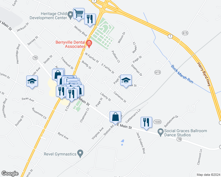 map of restaurants, bars, coffee shops, grocery stores, and more near 215 Page Street in Berryville