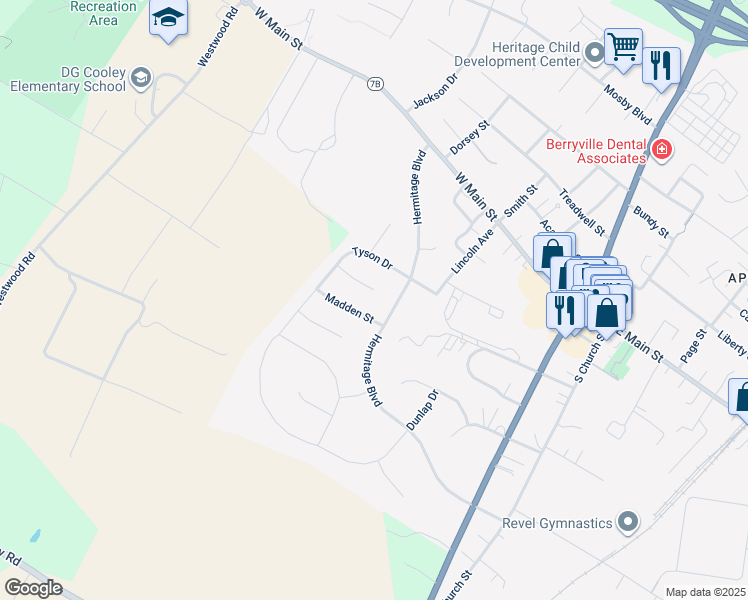 map of restaurants, bars, coffee shops, grocery stores, and more near 2125 Parshall Road in Berryville