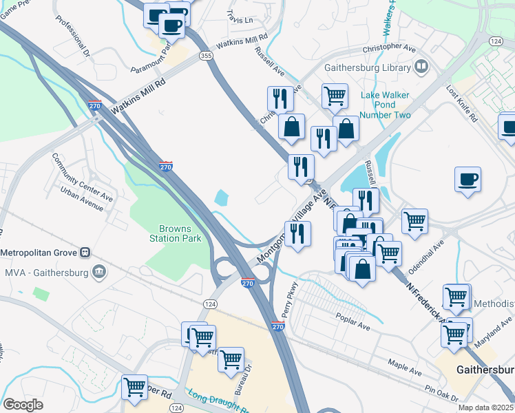 map of restaurants, bars, coffee shops, grocery stores, and more near 700 North Frederick Road in Gaithersburg