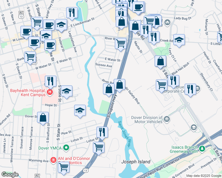 map of restaurants, bars, coffee shops, grocery stores, and more near 620 South Dupont Highway in Dover