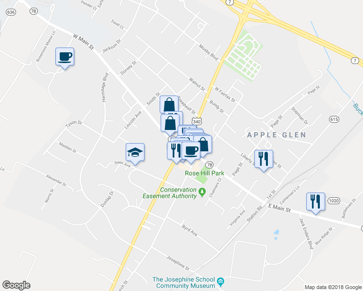 map of restaurants, bars, coffee shops, grocery stores, and more near 102 West Main Street in Berryville
