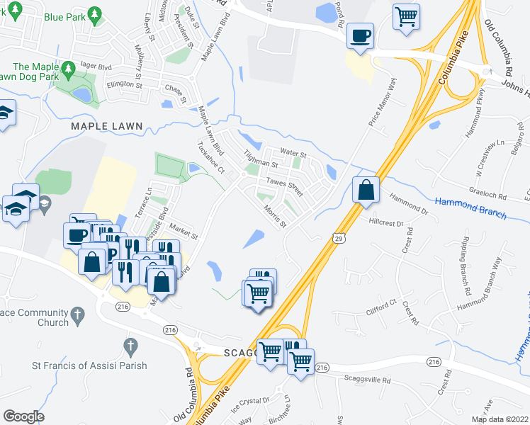 map of restaurants, bars, coffee shops, grocery stores, and more near 75482 Morris Street in Fulton