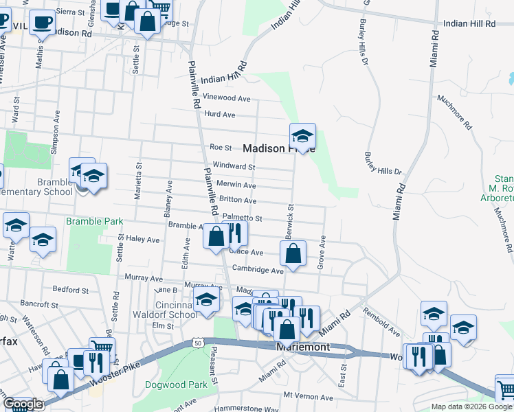 map of restaurants, bars, coffee shops, grocery stores, and more near 6836 Palmetto Street in Cincinnati