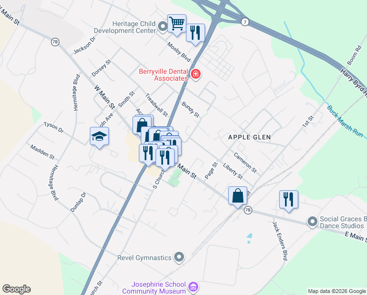 map of restaurants, bars, coffee shops, grocery stores, and more near 104 North Church Street in Berryville