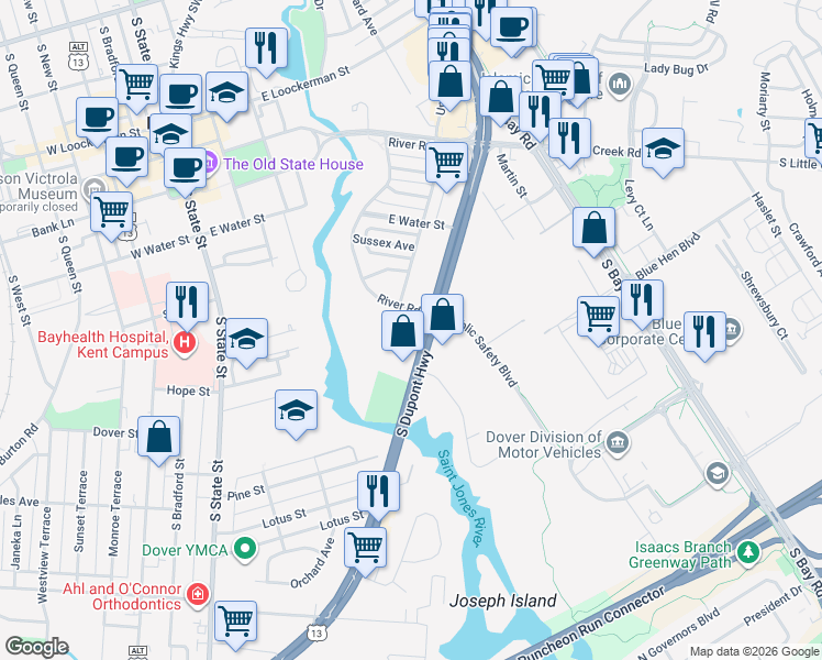 map of restaurants, bars, coffee shops, grocery stores, and more near 620 South Dupont Highway in Dover