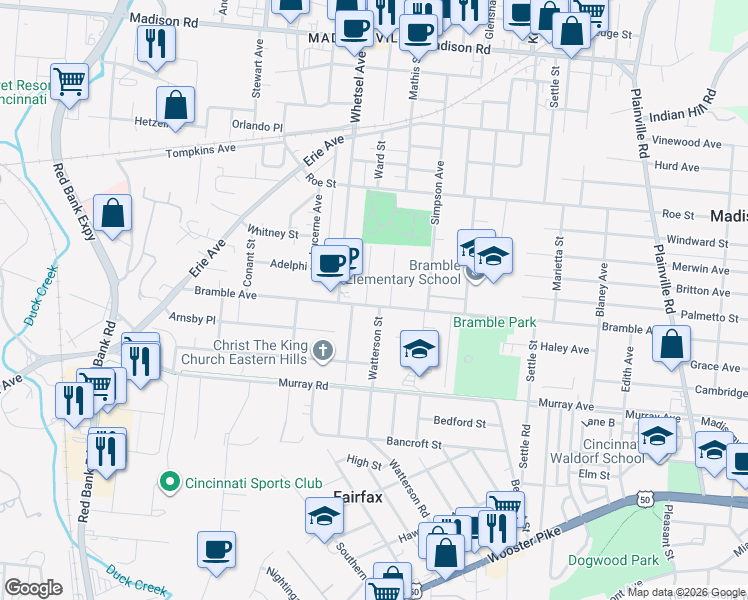 map of restaurants, bars, coffee shops, grocery stores, and more near 5921 Bramble Avenue in Cincinnati