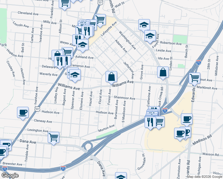 map of restaurants, bars, coffee shops, grocery stores, and more near 4005 Forest Avenue in Norwood