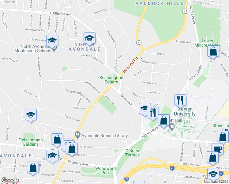 map of restaurants, bars, coffee shops, grocery stores, and more near 914 Burton Avenue in Cincinnati