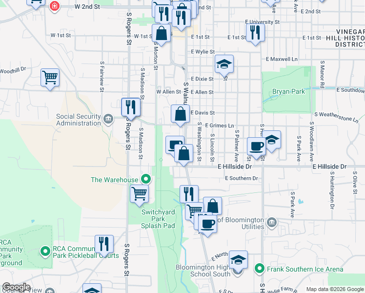 map of restaurants, bars, coffee shops, grocery stores, and more near 1315 South Walnut Street in Bloomington