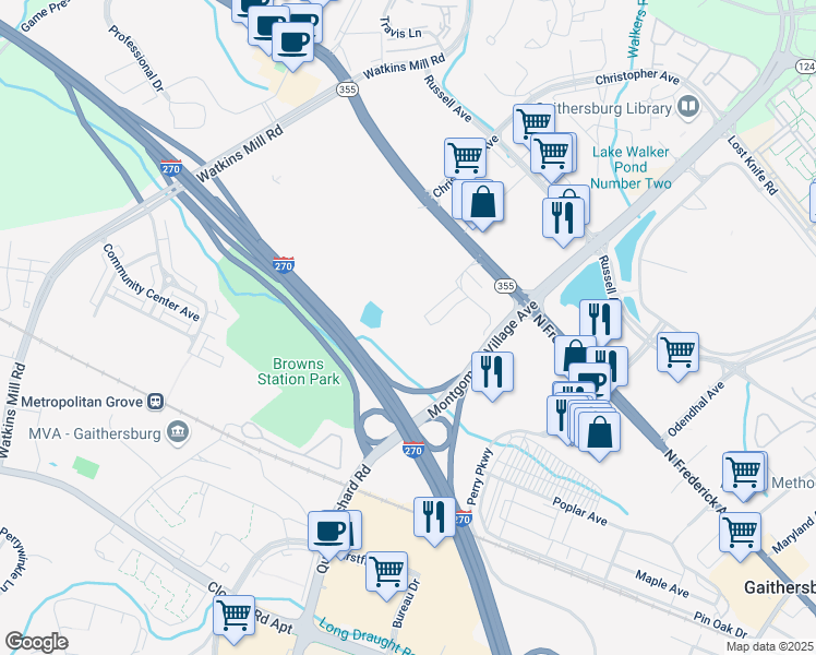 map of restaurants, bars, coffee shops, grocery stores, and more near 700 North Frederick Avenue in Gaithersburg