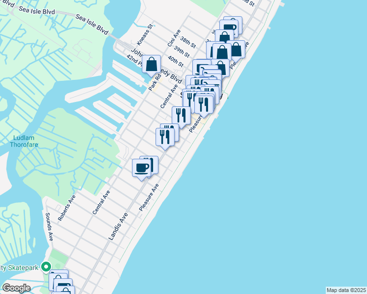 map of restaurants, bars, coffee shops, grocery stores, and more near 9 46th Street in Sea Isle City