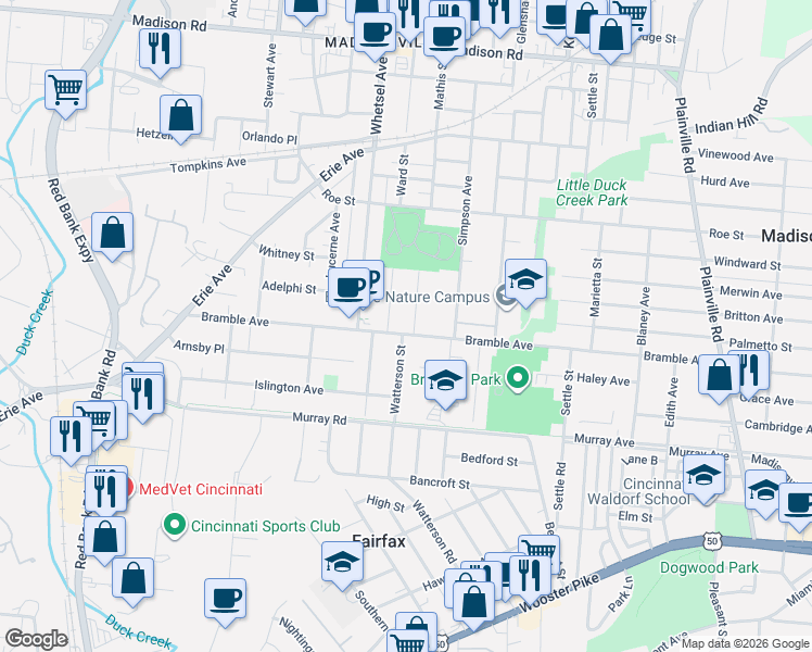 map of restaurants, bars, coffee shops, grocery stores, and more near 6109 Bramble Avenue in Cincinnati