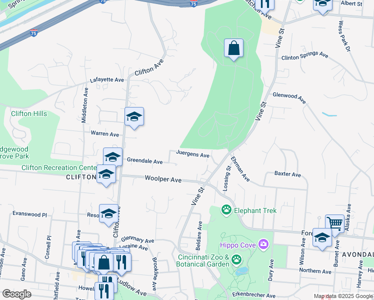 map of restaurants, bars, coffee shops, grocery stores, and more near 87 Juergens Avenue in Cincinnati