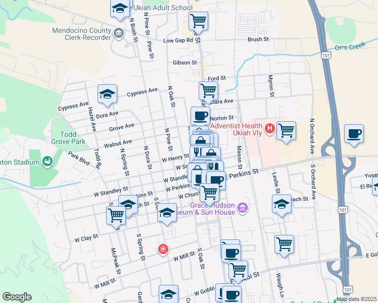 map of restaurants, bars, coffee shops, grocery stores, and more near 208 West Henry Street in Ukiah