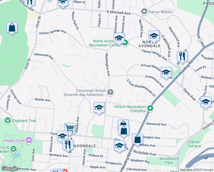 map of restaurants, bars, coffee shops, grocery stores, and more near 3723 Washington Avenue in Cincinnati