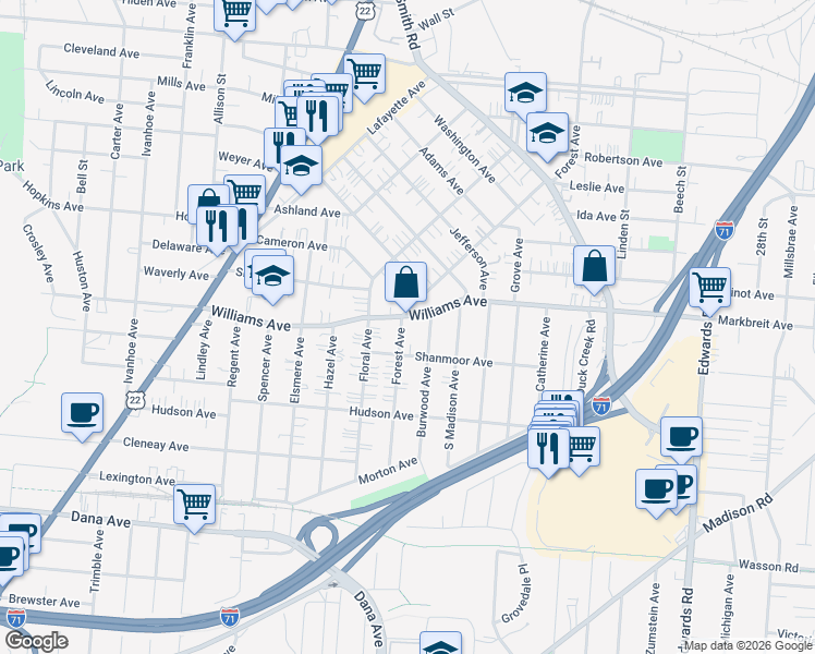 map of restaurants, bars, coffee shops, grocery stores, and more near 4005 Forest Avenue in Norwood