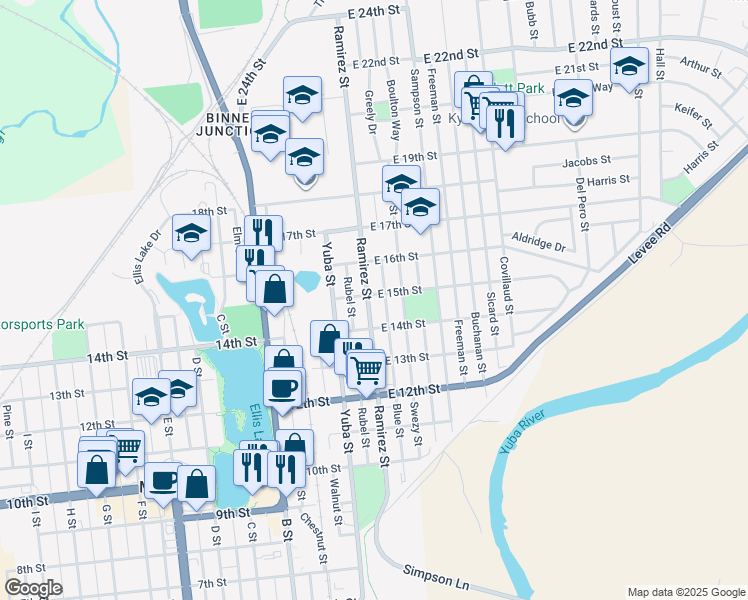 map of restaurants, bars, coffee shops, grocery stores, and more near 1429 Ramirez Street in Marysville