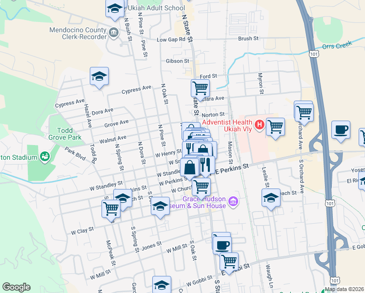 map of restaurants, bars, coffee shops, grocery stores, and more near 206 West Henry Street in Ukiah