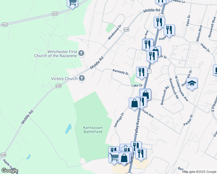 map of restaurants, bars, coffee shops, grocery stores, and more near 2716 Cassidy Court in Winchester