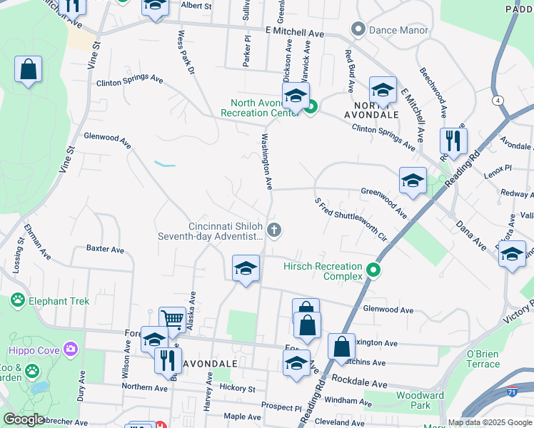 map of restaurants, bars, coffee shops, grocery stores, and more near 3723 Washington Avenue in Cincinnati