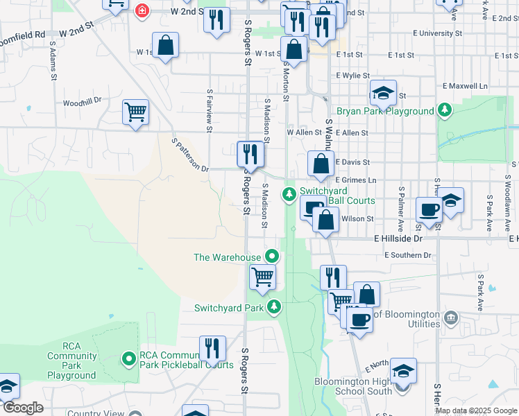 map of restaurants, bars, coffee shops, grocery stores, and more near 1402 South Madison Street in Bloomington