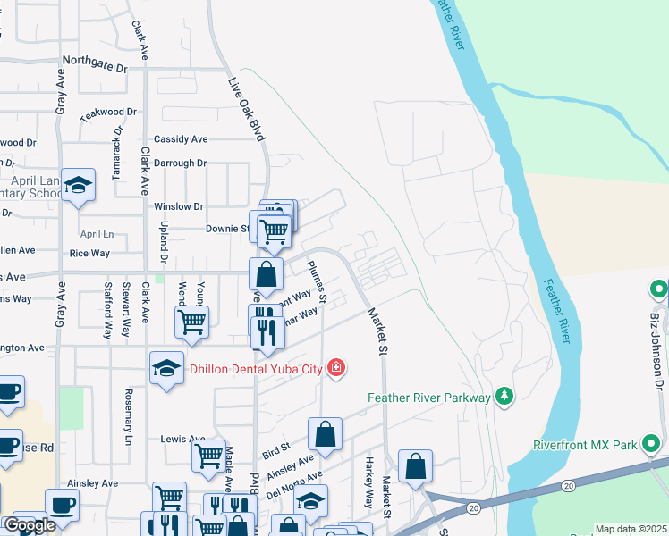 map of restaurants, bars, coffee shops, grocery stores, and more near 380 Grant Way in Yuba City
