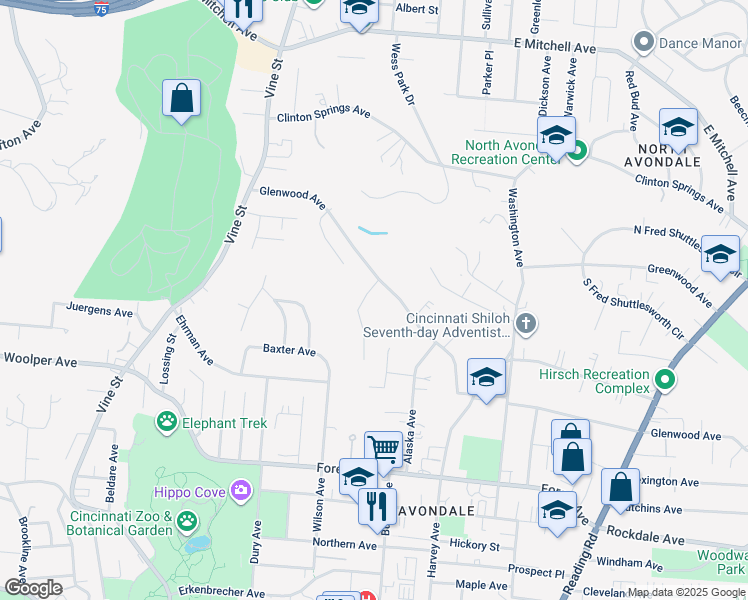 map of restaurants, bars, coffee shops, grocery stores, and more near 3649 Canyon Drive in Cincinnati