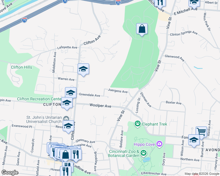 map of restaurants, bars, coffee shops, grocery stores, and more near 87 Juergens Avenue in Cincinnati