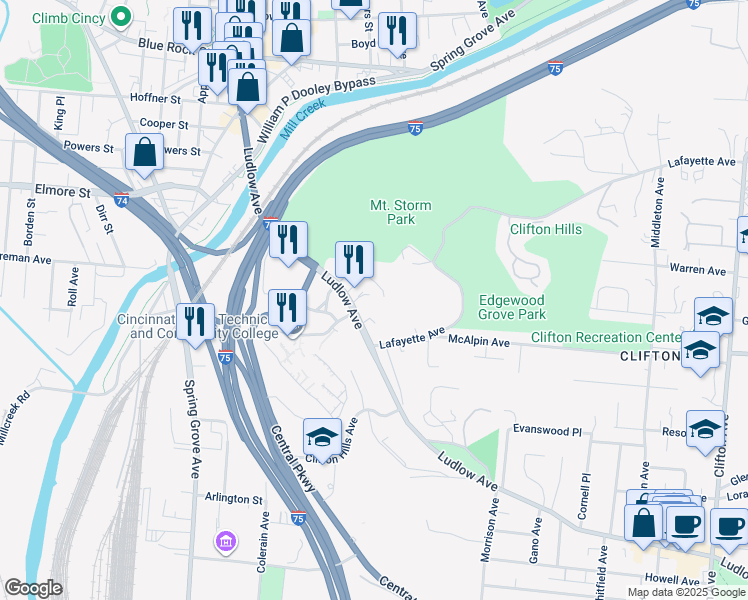 map of restaurants, bars, coffee shops, grocery stores, and more near 932 Ludlow Avenue in Cincinnati