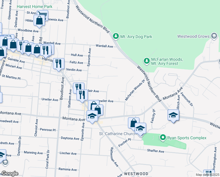 map of restaurants, bars, coffee shops, grocery stores, and more near 3470 Hazelwood Avenue in Cincinnati