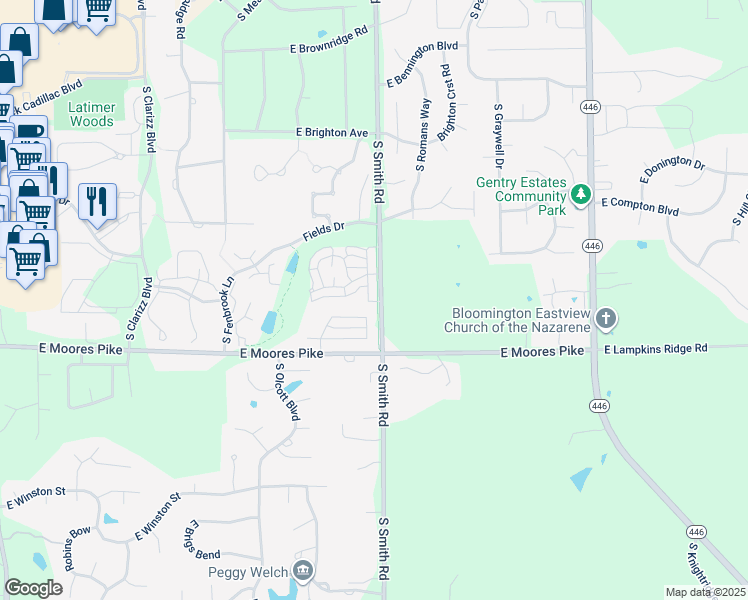 map of restaurants, bars, coffee shops, grocery stores, and more near 3876 East Resents Circle in Bloomington