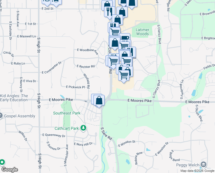 map of restaurants, bars, coffee shops, grocery stores, and more near 1372 South College Mall Road in Bloomington