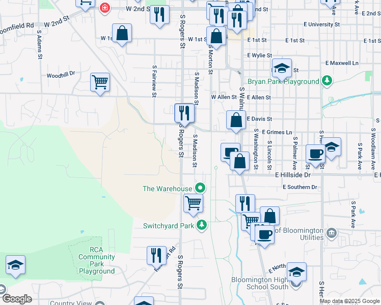 map of restaurants, bars, coffee shops, grocery stores, and more near 1402 South Madison Street in Bloomington
