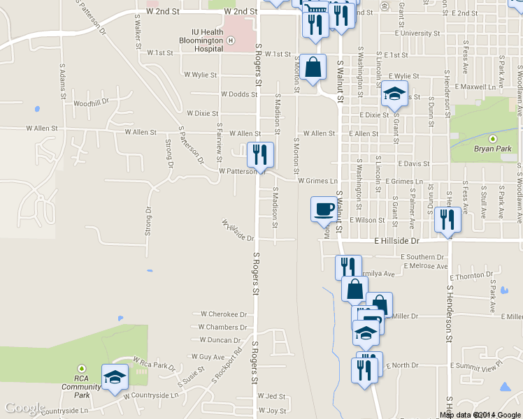 map of restaurants, bars, coffee shops, grocery stores, and more near 1402 South Madison Street in Bloomington