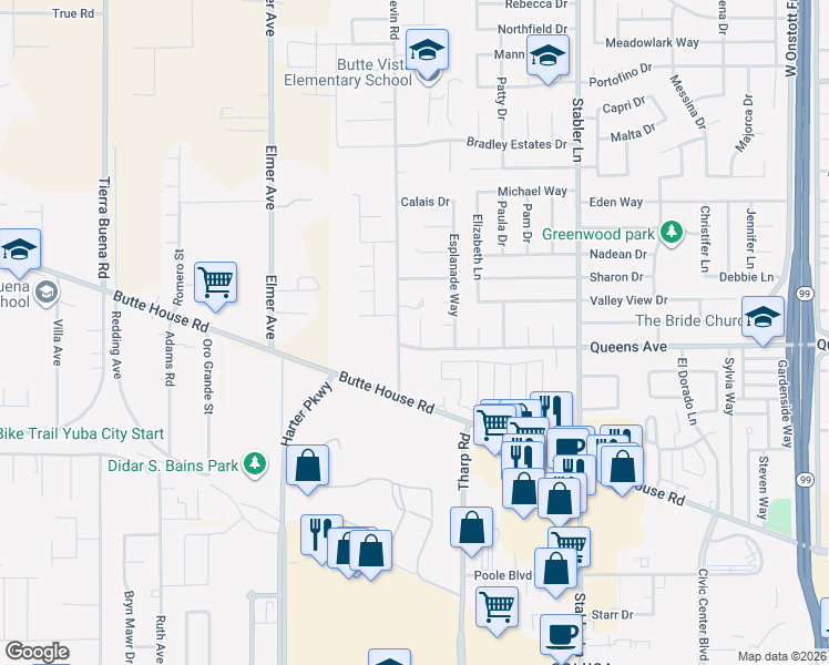 map of restaurants, bars, coffee shops, grocery stores, and more near 1683 Shay Way in Yuba City