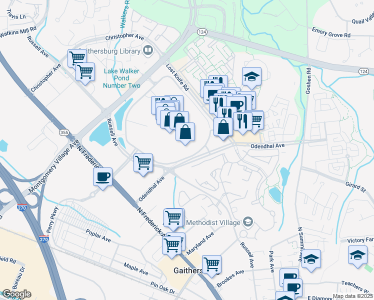 map of restaurants, bars, coffee shops, grocery stores, and more near 701 Russell Avenue in Gaithersburg