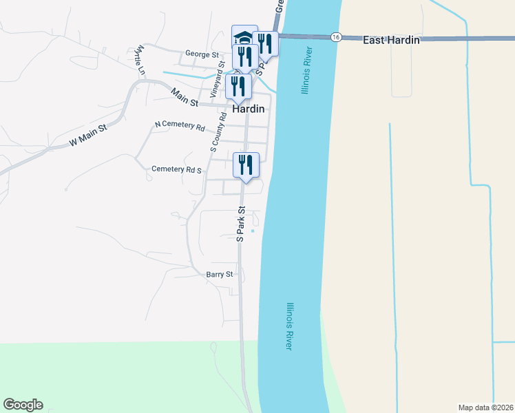 map of restaurants, bars, coffee shops, grocery stores, and more near 702 County Highway 1 in Hardin