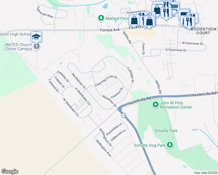 map of restaurants, bars, coffee shops, grocery stores, and more near 328 East Broadstairs Place in Dover